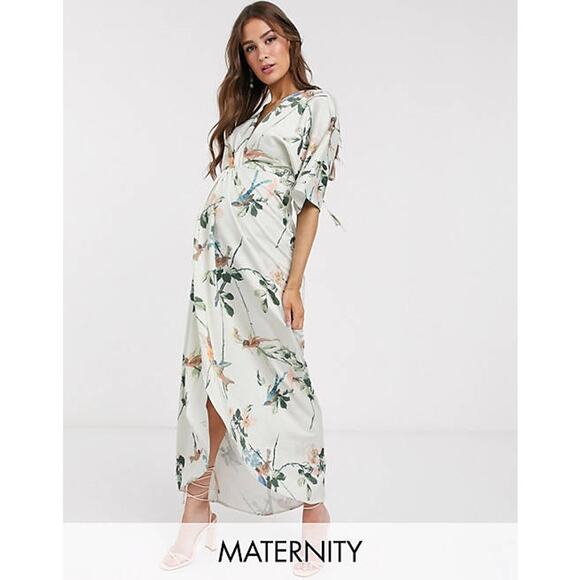 Hope Ivy Maxi Dress Kimono Maternity Bird Swallow Floral Tropical Cream Size 4 - Picture 1 of 14